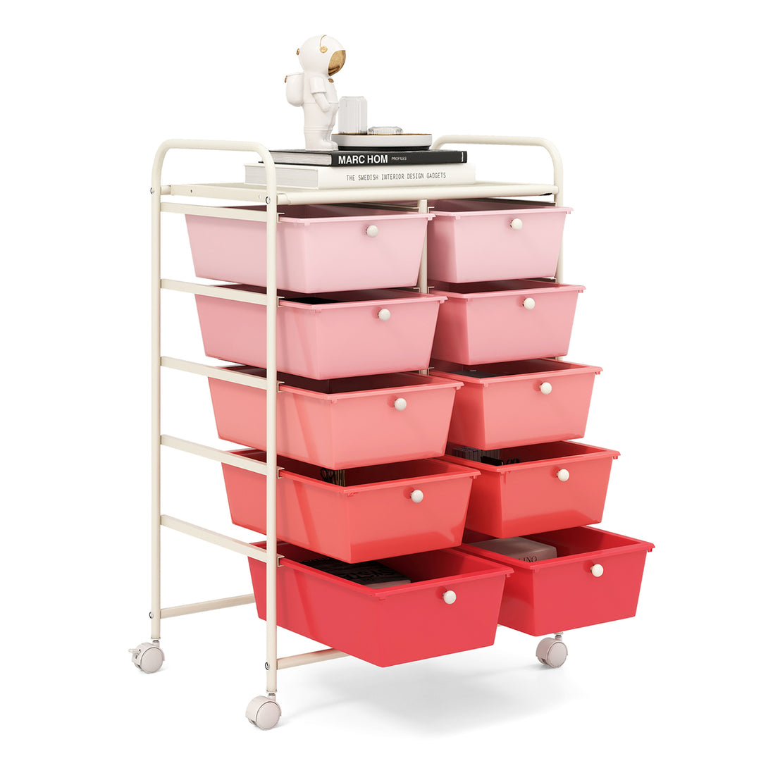 10-Drawer Rolling Storage Cart Tools Scrapbook Paper Organizer on Wheels Pink Gradient Image 10