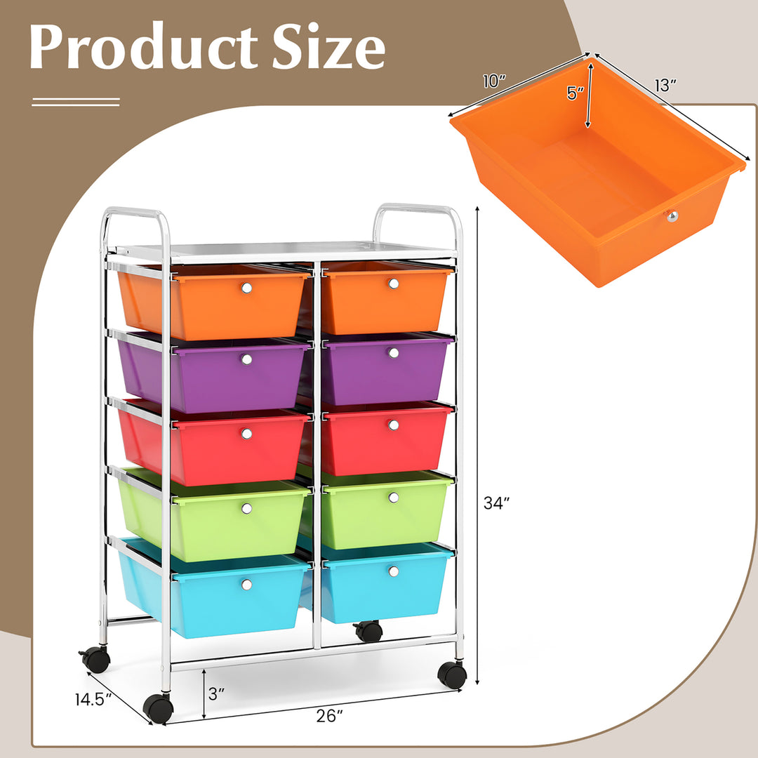 10-Drawer Rolling Storage Cart Tools Scrapbook Paper Organizer on Wheels Multicolor Image 3