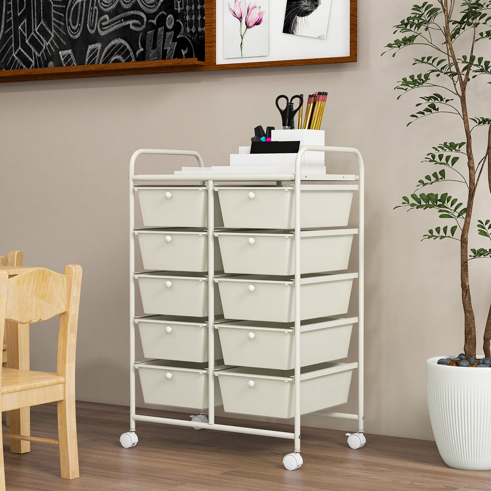 10-Drawer Rolling Storage Cart Tools Scrapbook Paper Organizer on Wheels White Image 2