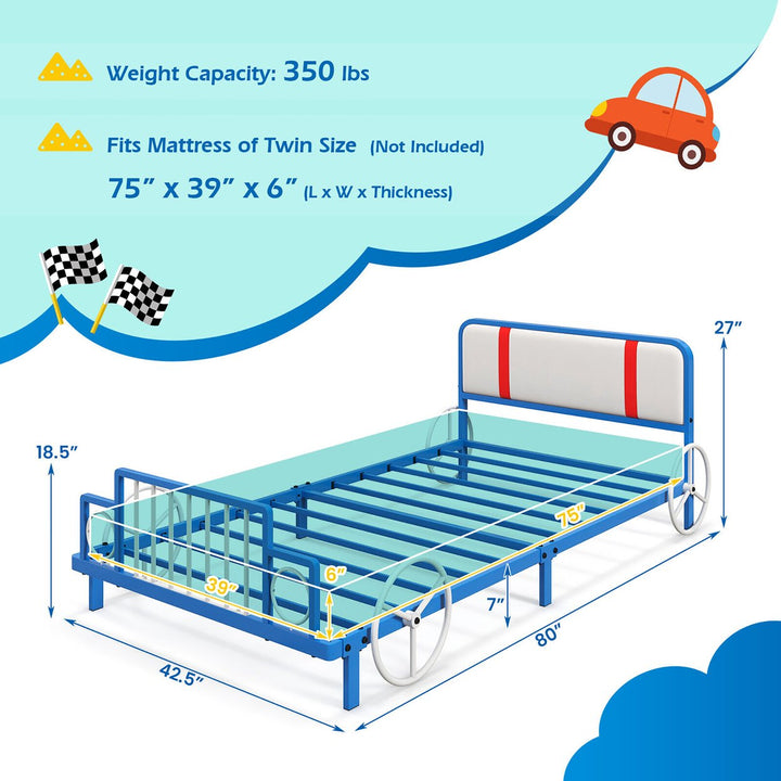 Twin Size Kids Bed Frame Car Shaped Metal Platform Bed w/ Upholstered Headboard Image 3