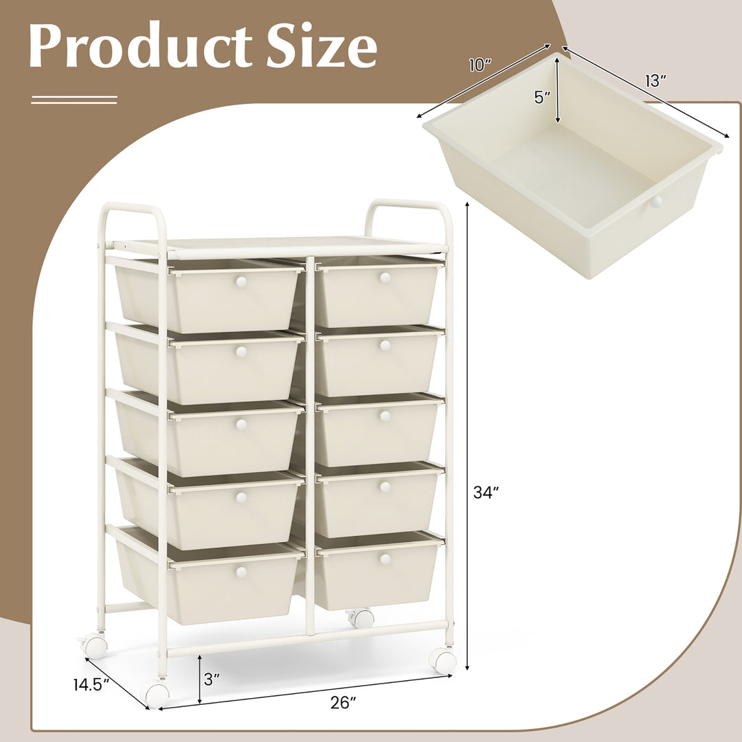 10-Drawer Rolling Storage Cart Tools Scrapbook Paper Organizer on Wheels White Image 3