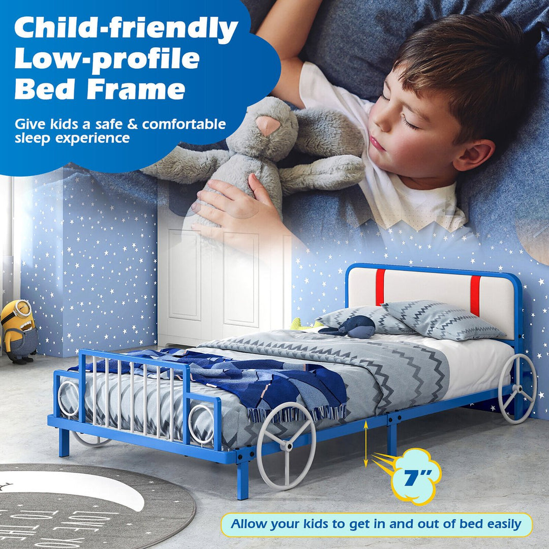 Twin Size Kids Bed Frame Car Shaped Metal Platform Bed w/ Upholstered Headboard Image 5