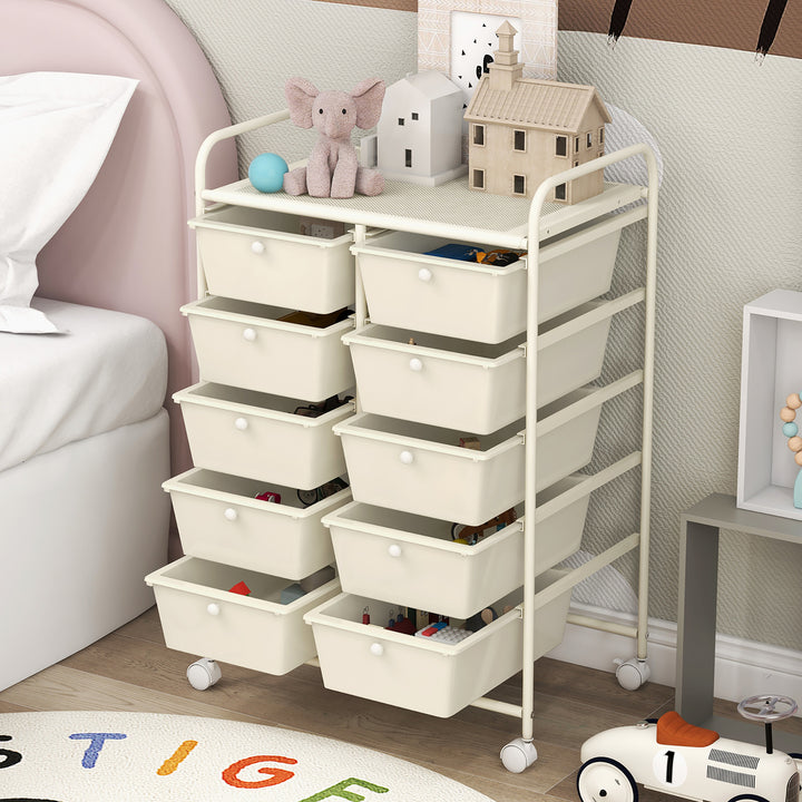 10-Drawer Rolling Storage Cart Tools Scrapbook Paper Organizer on Wheels White Image 6