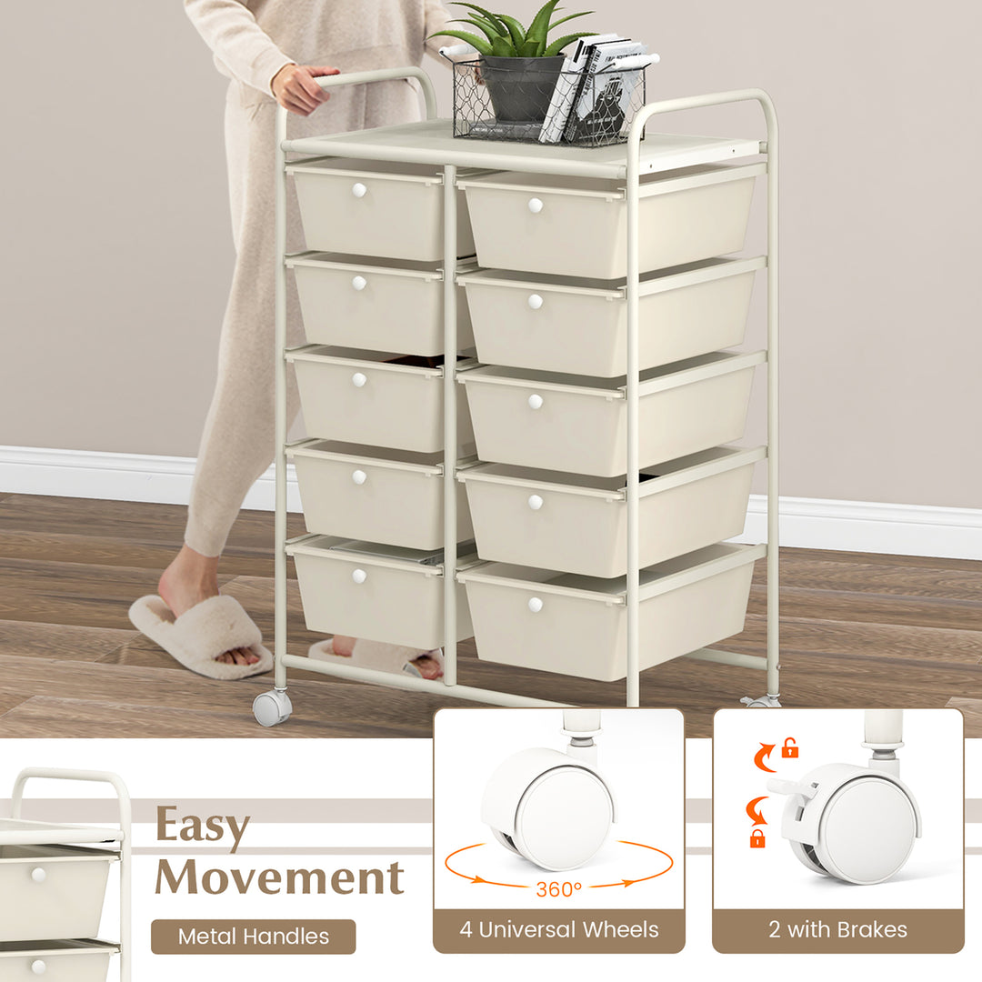 10-Drawer Rolling Storage Cart Tools Scrapbook Paper Organizer on Wheels White Image 8