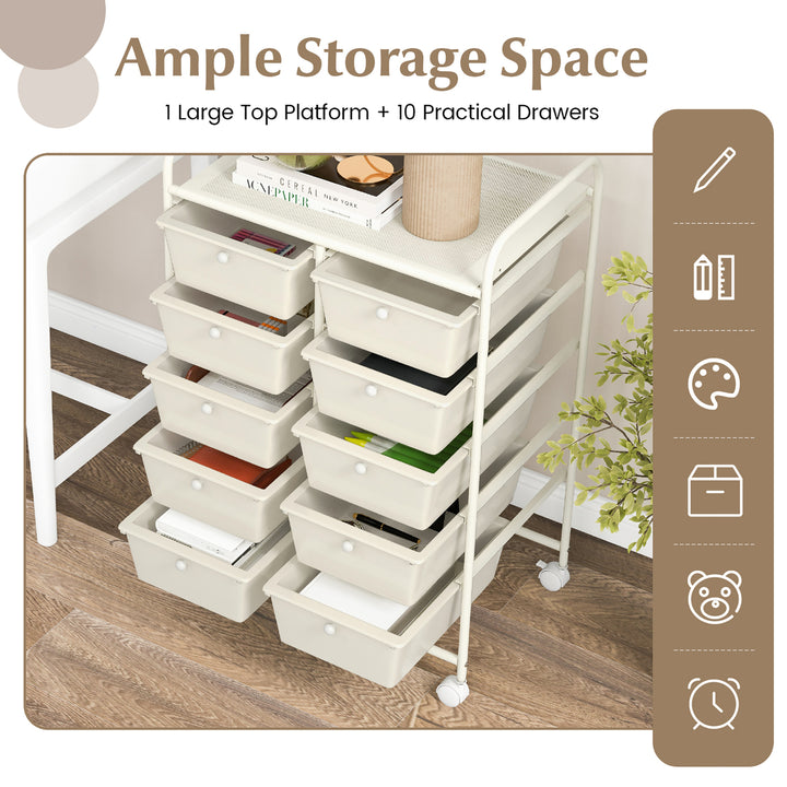 10-Drawer Rolling Storage Cart Tools Scrapbook Paper Organizer on Wheels White Image 9