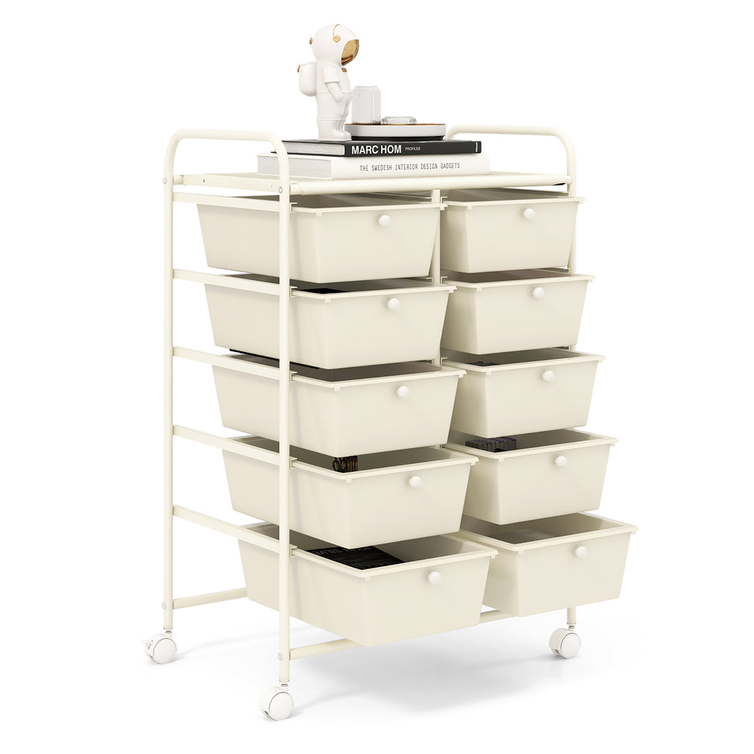 10-Drawer Rolling Storage Cart Tools Scrapbook Paper Organizer on Wheels White Image 10