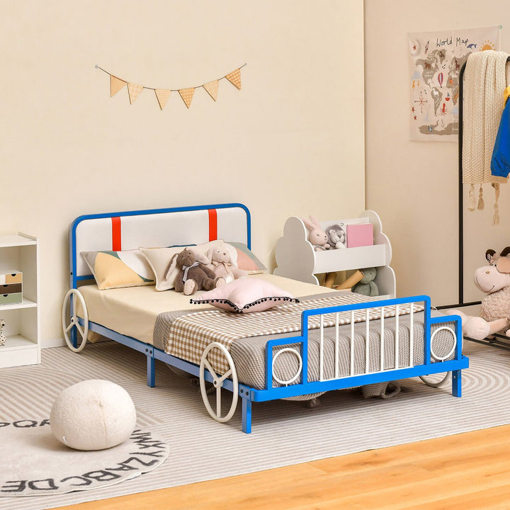 Twin Size Kids Bed Frame Car Shaped Metal Platform Bed w/ Upholstered Headboard Image 8