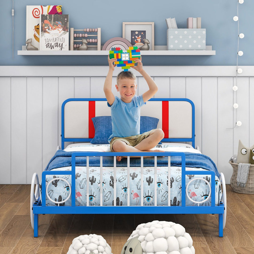 Twin Size Kids Bed Frame Car Shaped Metal Platform Bed w/ Upholstered Headboard Image 9