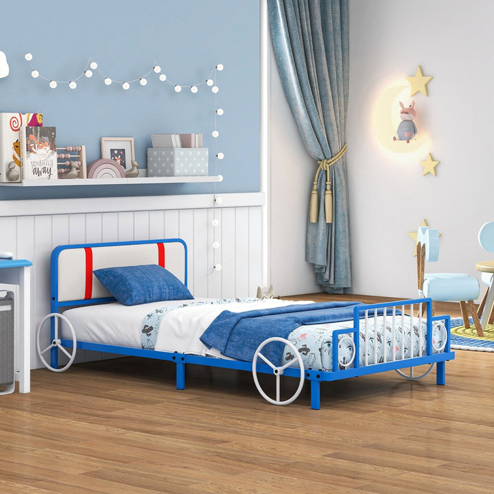 Twin Size Kids Bed Frame Car Shaped Metal Platform Bed w/ Upholstered Headboard Image 10