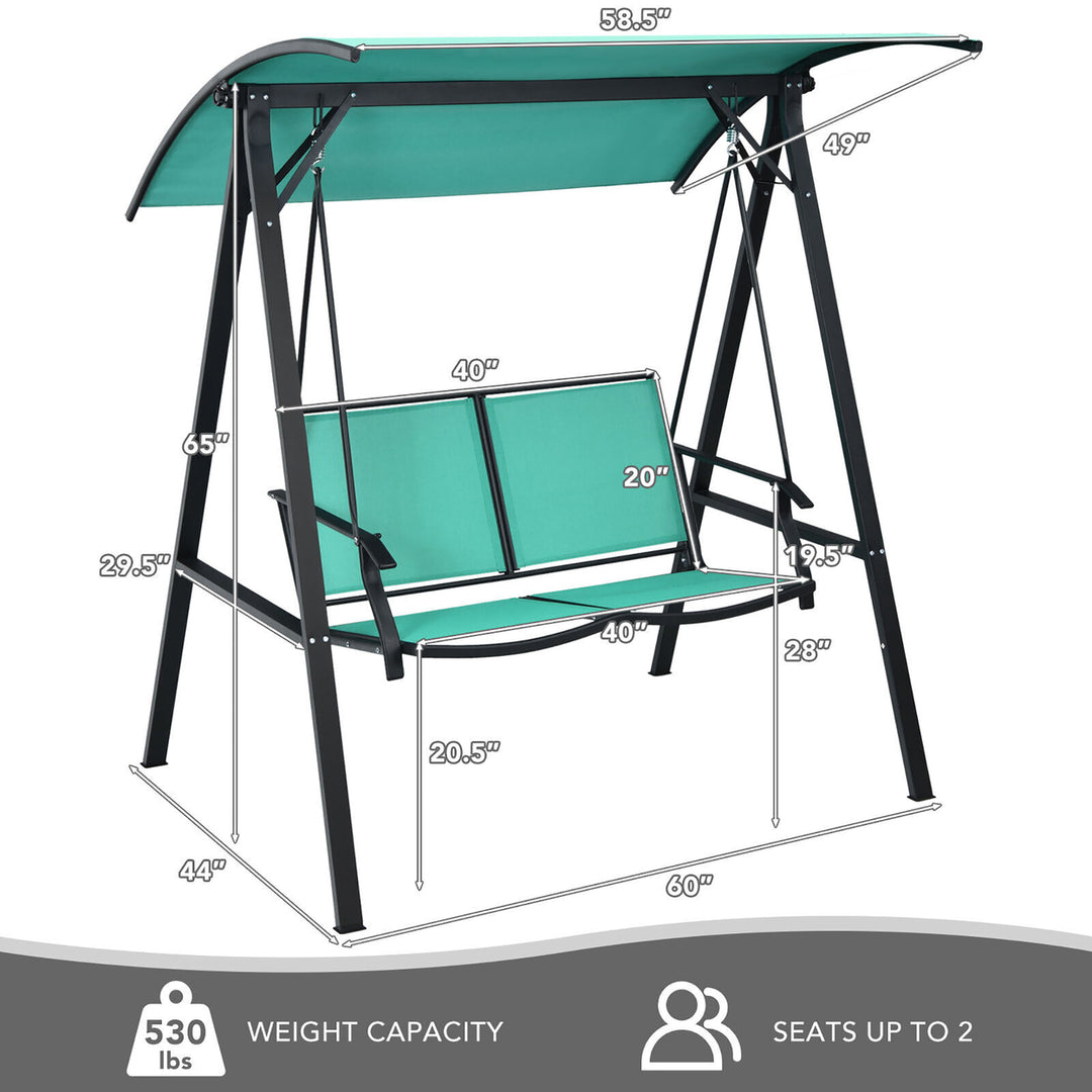 2-Person Outdoor Patio Porch Swing Chair w/ Adjustable Canopy Turquoise Image 2