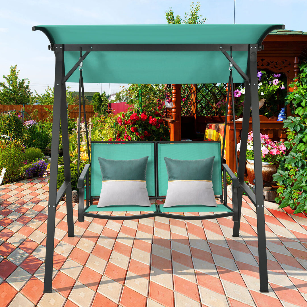 2-Person Outdoor Patio Porch Swing Chair w/ Adjustable Canopy Turquoise Image 3