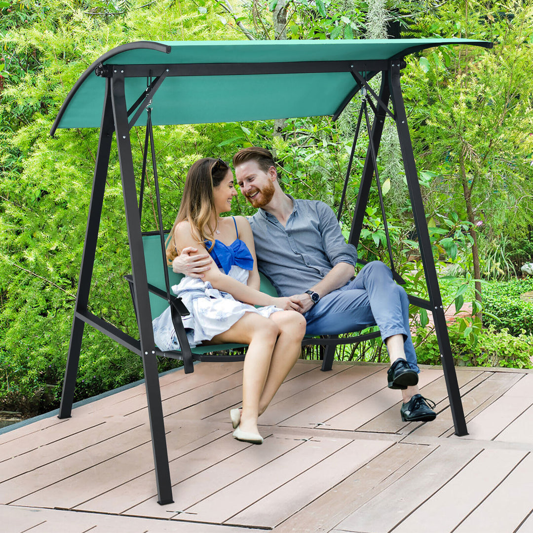 2-Person Outdoor Patio Porch Swing Chair w/ Adjustable Canopy Turquoise Image 4