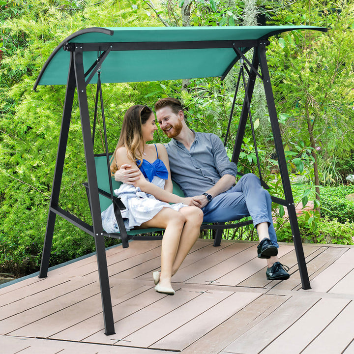 2-Person Outdoor Patio Porch Swing Chair w/ Adjustable Canopy Turquoise Image 4