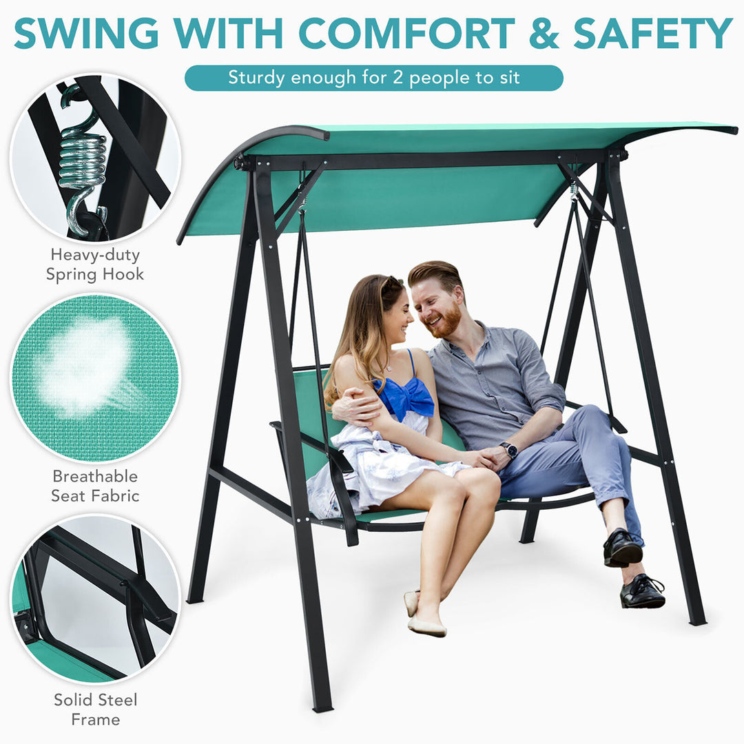 2-Person Outdoor Patio Porch Swing Chair w/ Adjustable Canopy Turquoise Image 5