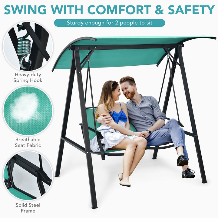 2-Person Outdoor Patio Porch Swing Chair w/ Adjustable Canopy Turquoise Image 5