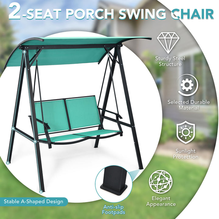 2-Person Outdoor Patio Porch Swing Chair w/ Adjustable Canopy Turquoise Image 6