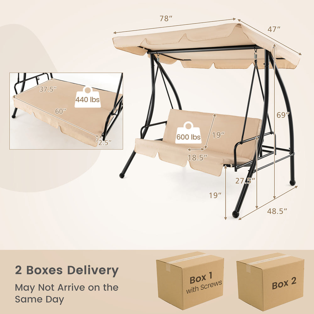 Outdoor Swing Chair Glider Patio Hammock Converting Flatbed w/ Adjustable Canopy Image 2