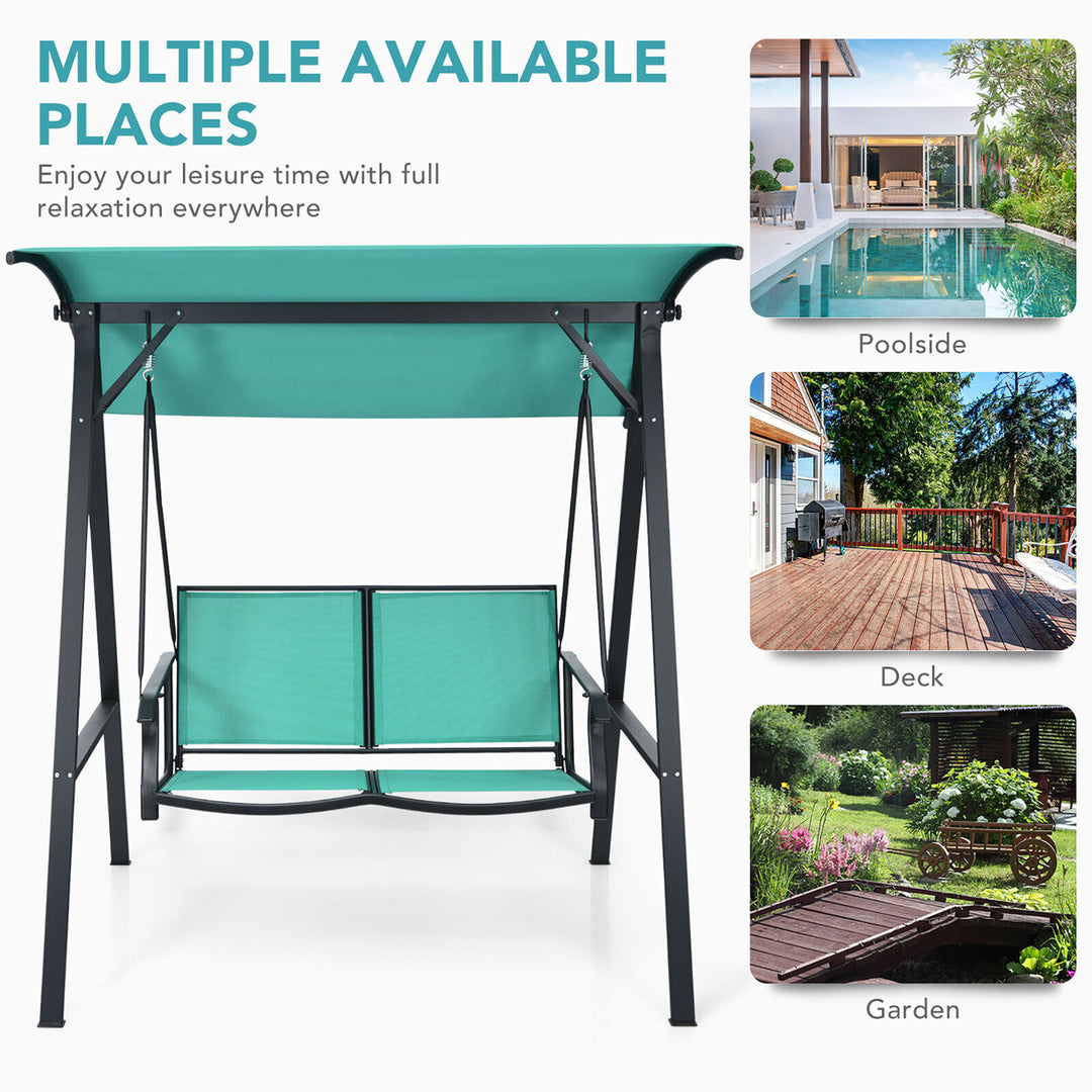 2-Person Outdoor Patio Porch Swing Chair w/ Adjustable Canopy Turquoise Image 8