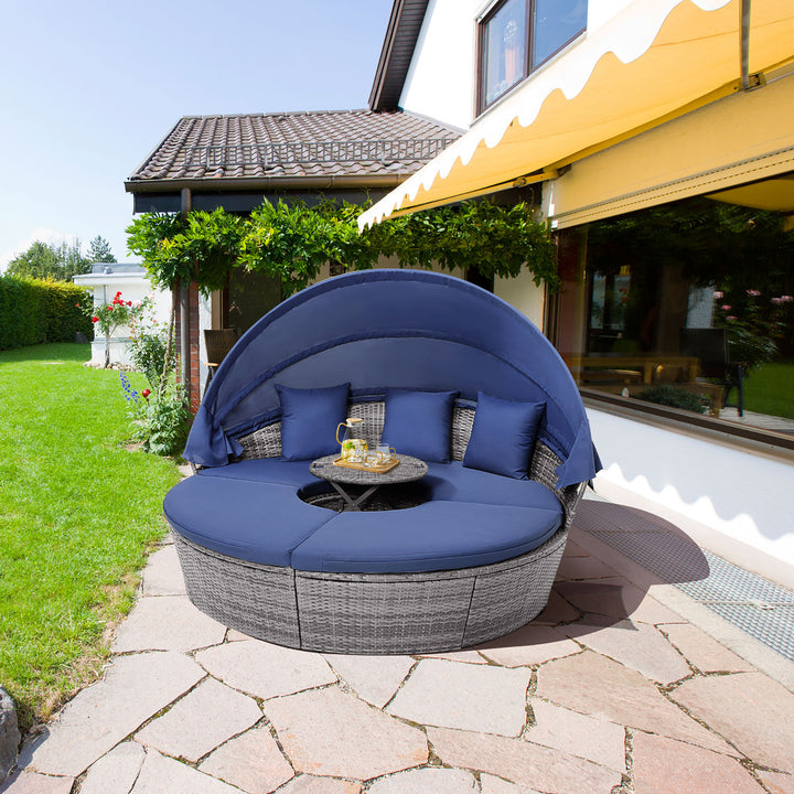 Outdoor Round Daybed w/ Retractable Canopy and Side Table Backyard Poolside Lawn Image 1