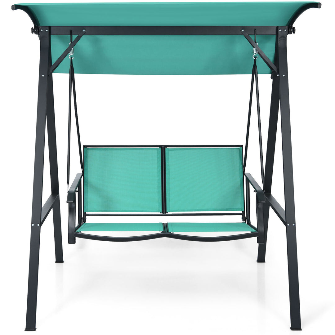 2-Person Outdoor Patio Porch Swing Chair w/ Adjustable Canopy Turquoise Image 9