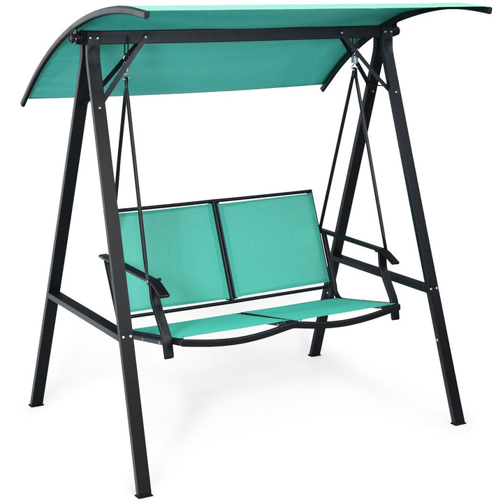 2-Person Outdoor Patio Porch Swing Chair w/ Adjustable Canopy Turquoise Image 10