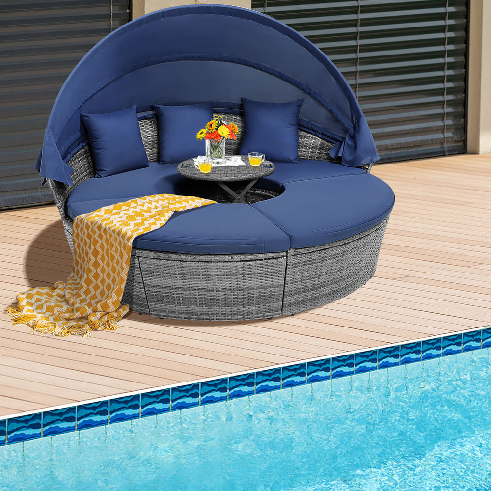 Outdoor Round Daybed w/ Retractable Canopy and Side Table Backyard Poolside Lawn Image 2