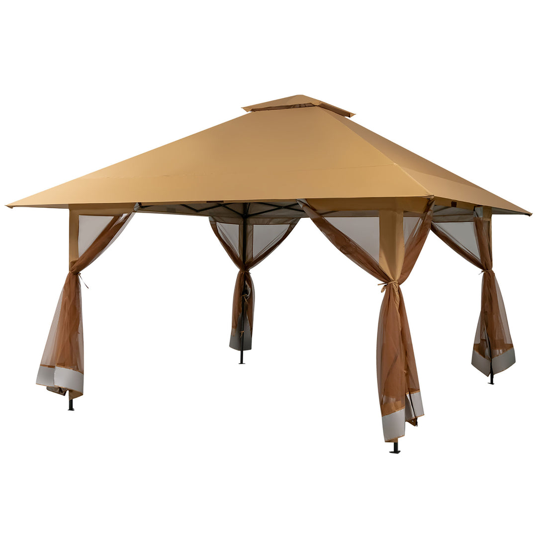 Outdoor Patio 13 x13 Pop Up Canopy Tent UV50+ Adjust Sun Protection w/ Mesh Sidewall Khaki Image 1