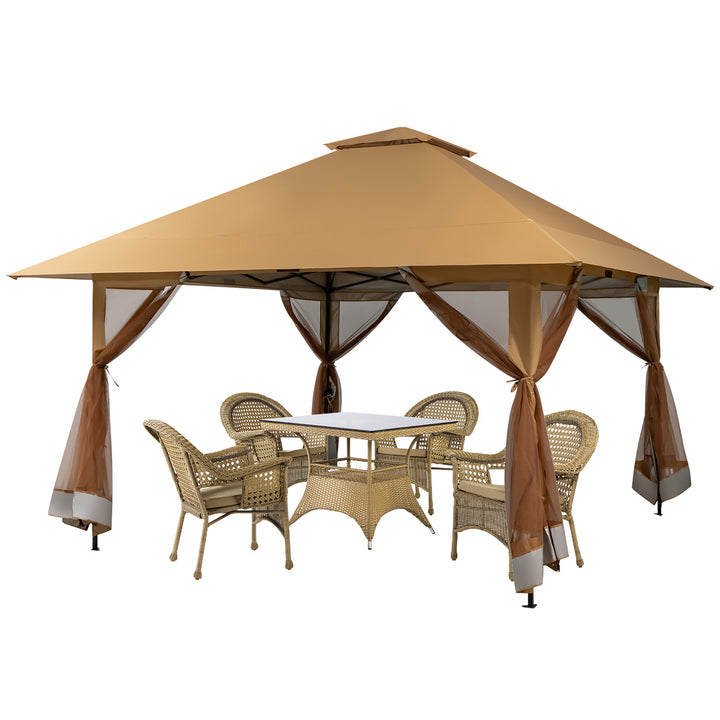 Outdoor Patio 13 x13 Pop Up Canopy Tent UV50+ Adjust Sun Protection w/ Mesh Sidewall Khaki Image 2