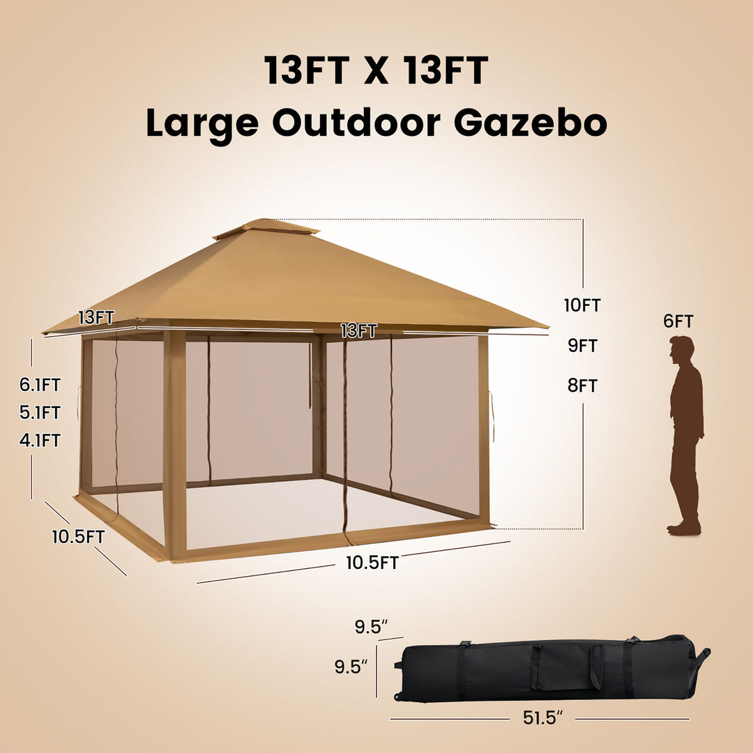 Outdoor Patio 13 x13 Pop Up Canopy Tent UV50+ Adjust Sun Protection w/ Mesh Sidewall Khaki Image 3