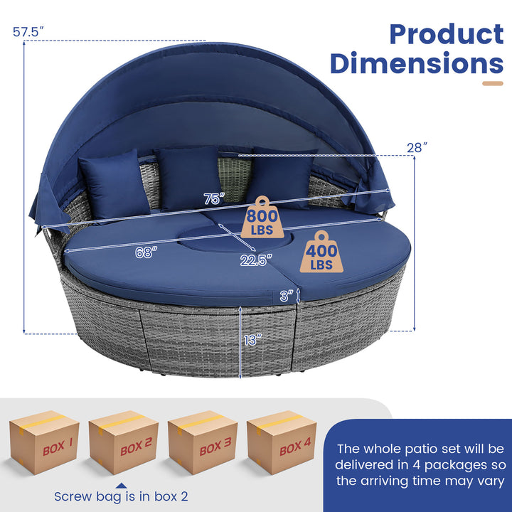 Outdoor Round Daybed w/ Retractable Canopy and Side Table Backyard Poolside Lawn Image 3