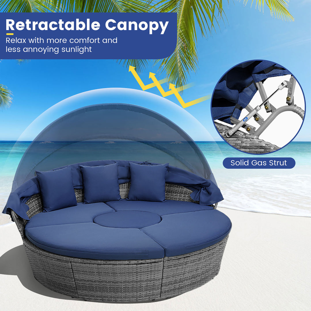 Outdoor Round Daybed w/ Retractable Canopy and Side Table Backyard Poolside Lawn Image 4