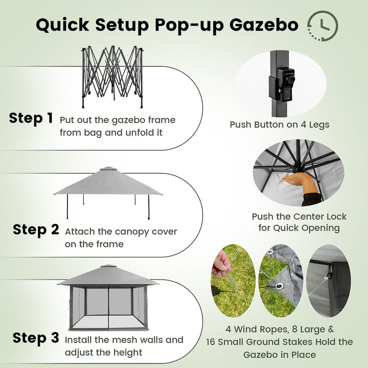 Outdoor Patio 13 x13 Pop Up Canopy Tent UV50+ Adjust Sun Protection w/ Mesh Sidewall Grey Image 4