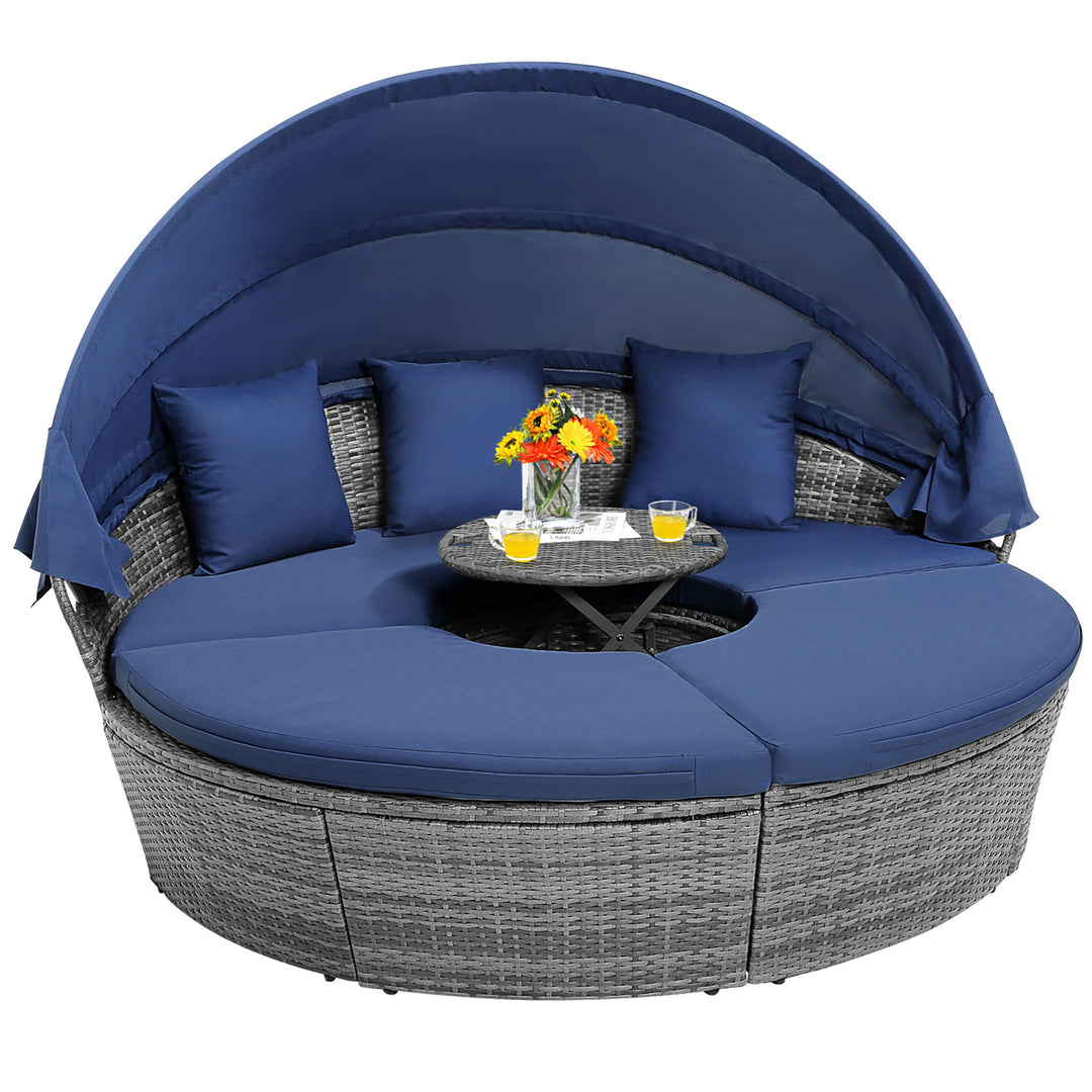 Outdoor Round Daybed w/ Retractable Canopy and Side Table Backyard Poolside Lawn Image 9