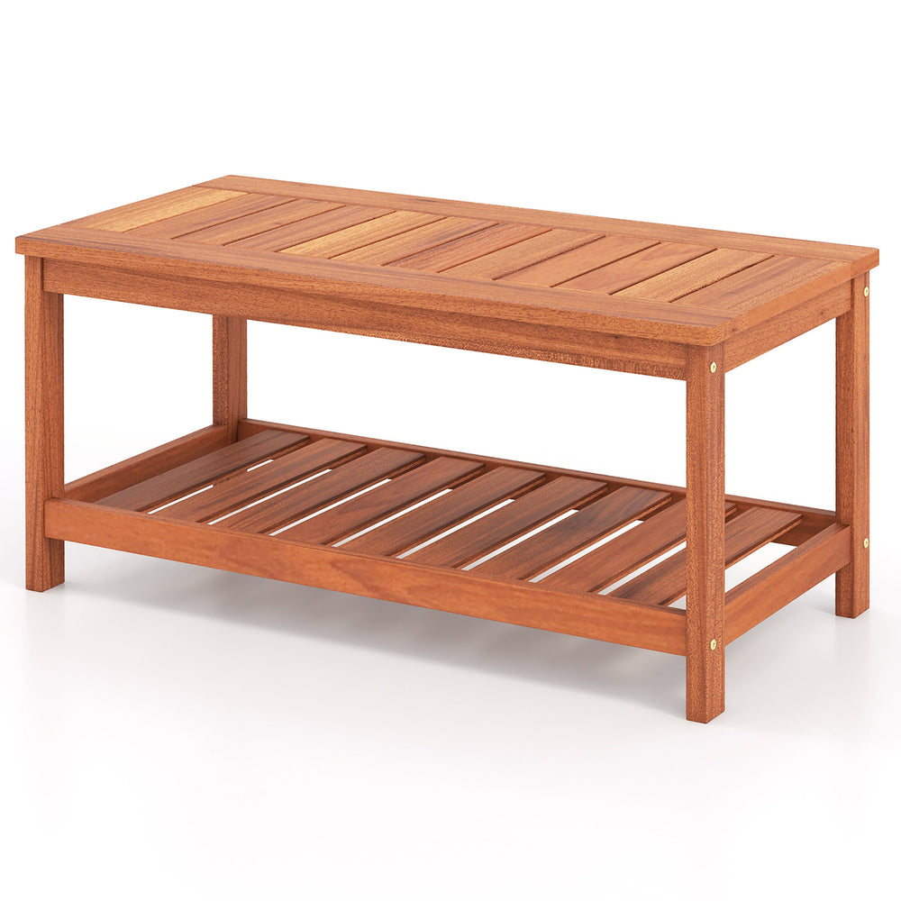 Hardwood Outdoor Patio Coffee Table 2-Tier Coffee Table w/ Slat Tabletop and Storage Shelf Natural Image 2