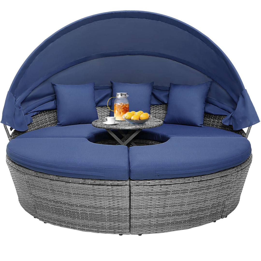 Outdoor Round Daybed w/ Retractable Canopy and Side Table Backyard Poolside Lawn Image 10