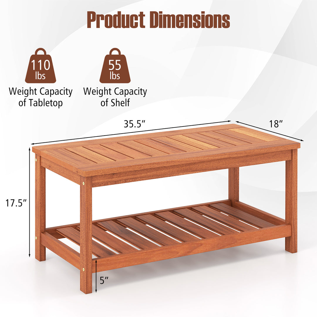 Hardwood Outdoor Patio Coffee Table 2-Tier Coffee Table w/ Slat Tabletop and Storage Shelf Natural Image 3