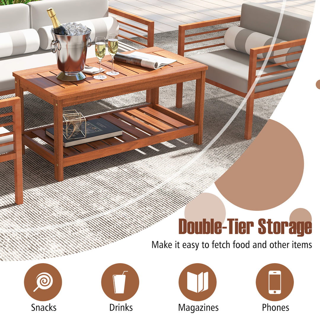 Hardwood Outdoor Patio Coffee Table 2-Tier Coffee Table w/ Slat Tabletop and Storage Shelf Natural Image 4