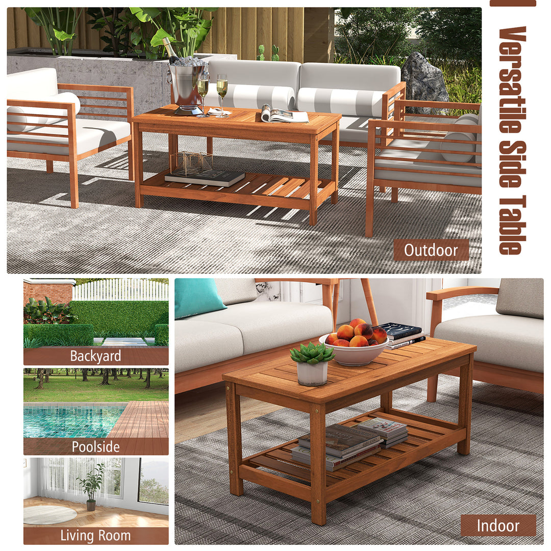 Hardwood Outdoor Patio Coffee Table 2-Tier Coffee Table w/ Slat Tabletop and Storage Shelf Natural Image 5