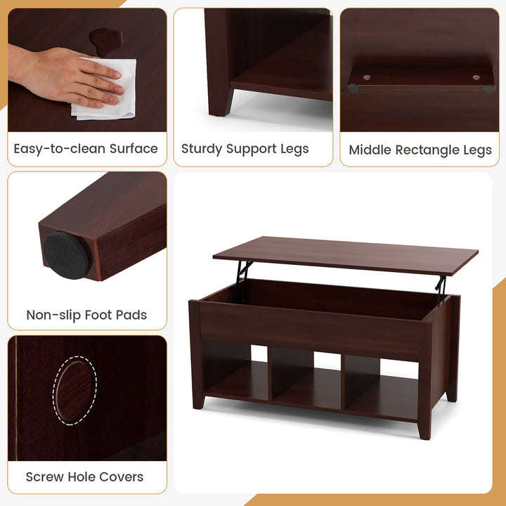 Lift Top Coffee Table w/ Storage Compartment Shelf Living Room Furniture Brown Image 9