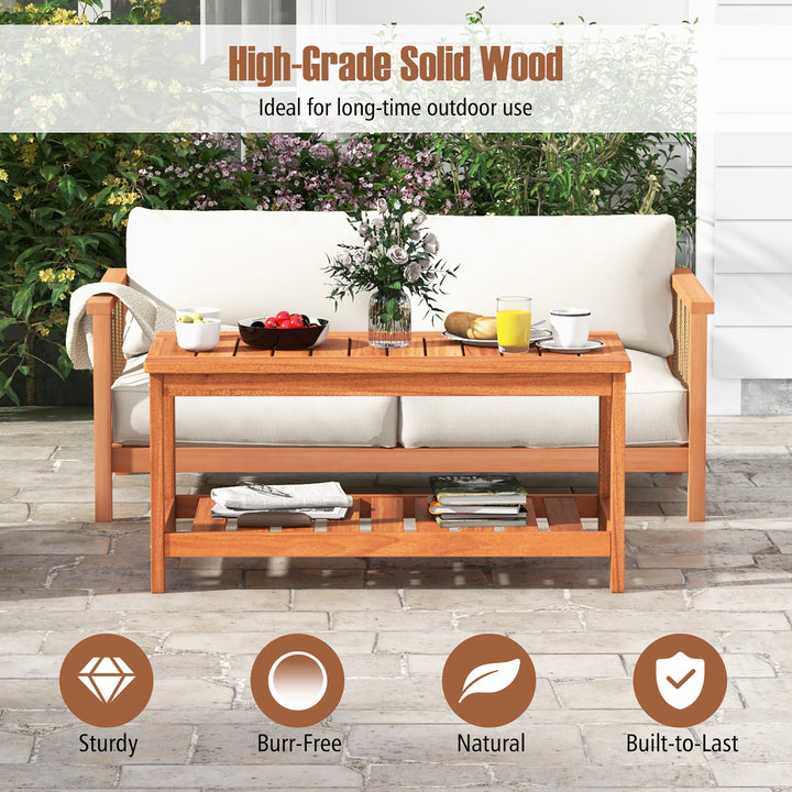 Hardwood Outdoor Patio Coffee Table 2-Tier Coffee Table w/ Slat Tabletop and Storage Shelf Natural Image 6