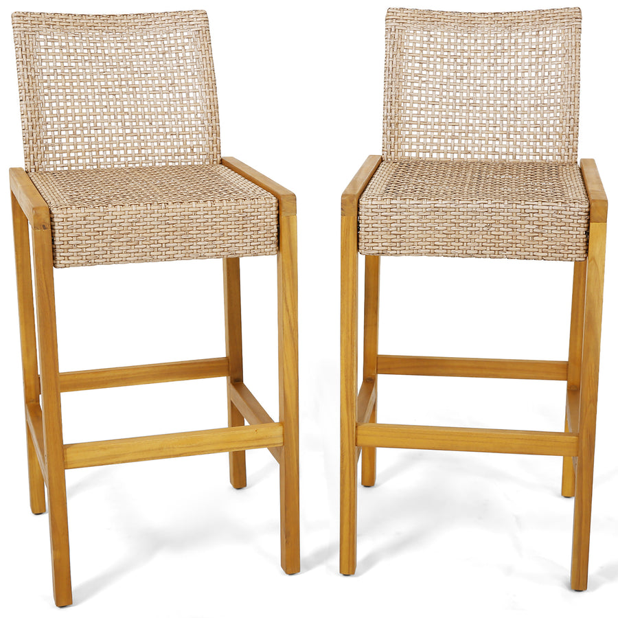 Wicker Bar Stools Set of 2 Patio Chairs w/ Solid Wood Frame Ergonomic Footrest Light Brown Image 1