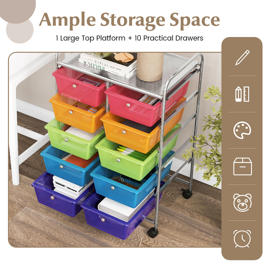 10-Drawer Rolling Storage Cart Tools Scrapbook Paper Organizer on Wheels Rainbow Image 9