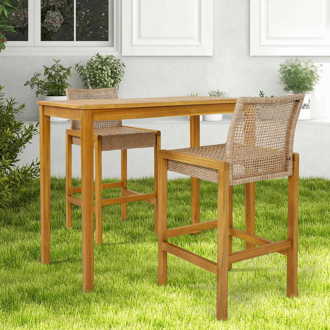 Wicker Bar Stools Set of 2 Patio Chairs w/ Solid Wood Frame Ergonomic Footrest Light Brown Image 2