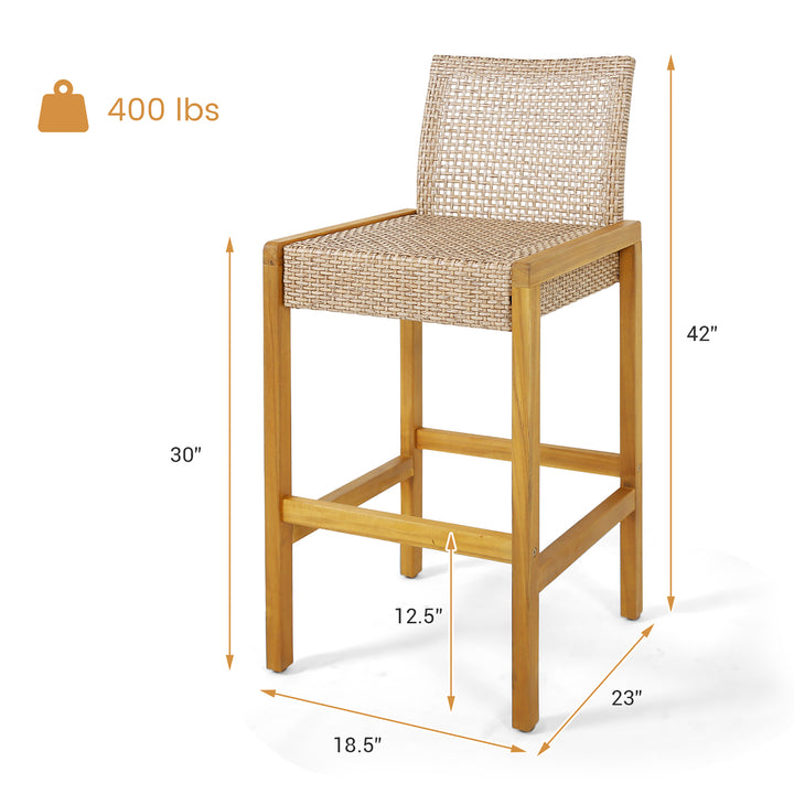 Wicker Bar Stools Set of 2 Patio Chairs w/ Solid Wood Frame Ergonomic Footrest Light Brown Image 3