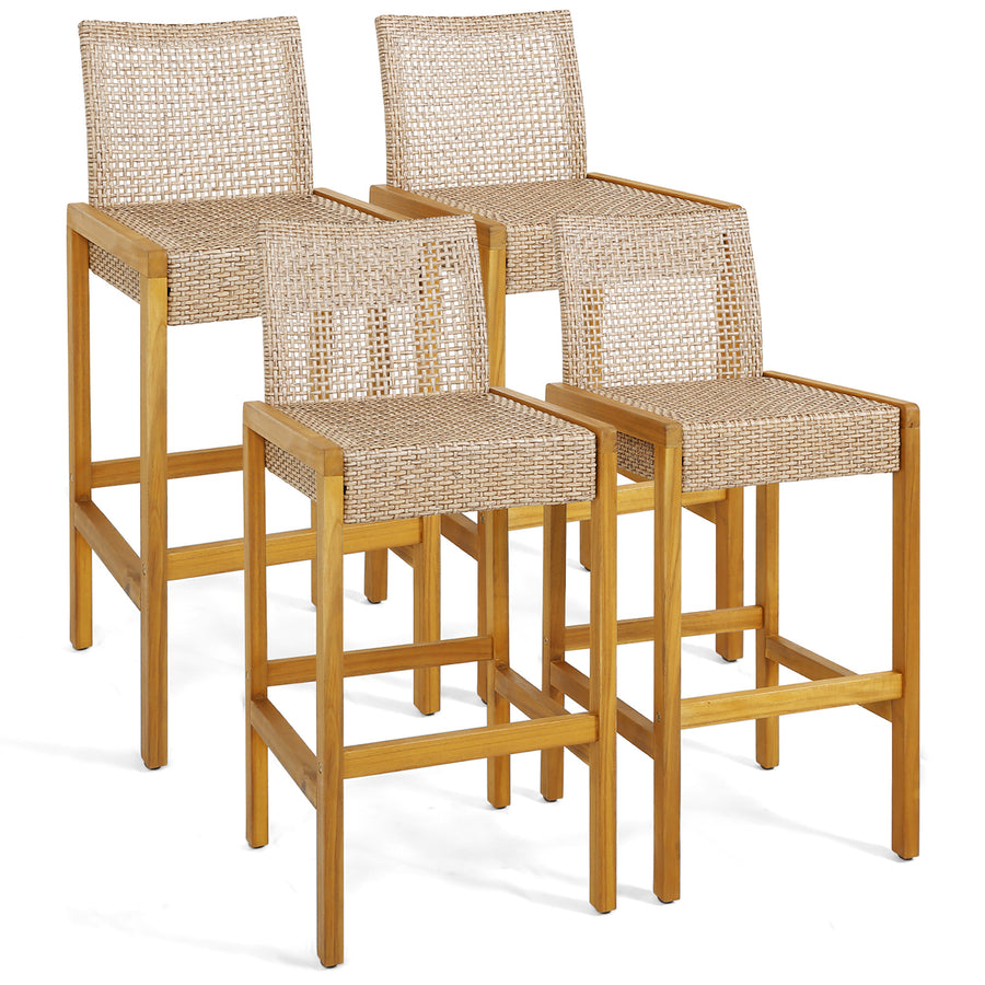 Wicker Bar Stools Set of 4 Patio Chairs w/ Solid Wood Frame and Ergonomic Footrest Light Brown Image 1