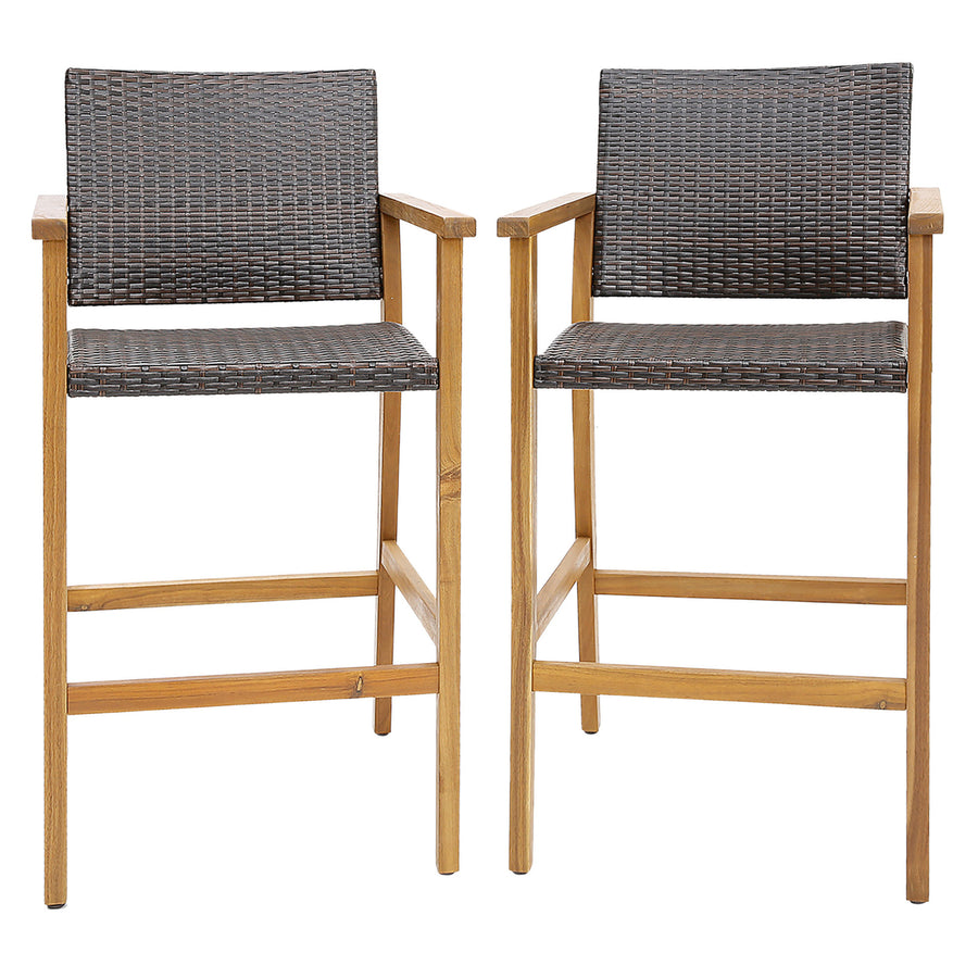 Patio Rattan Bar Stool Set of 2 Outdoor PE Wicker Bar Chairs w/ Armrests and Sturdy Footrests Image 1