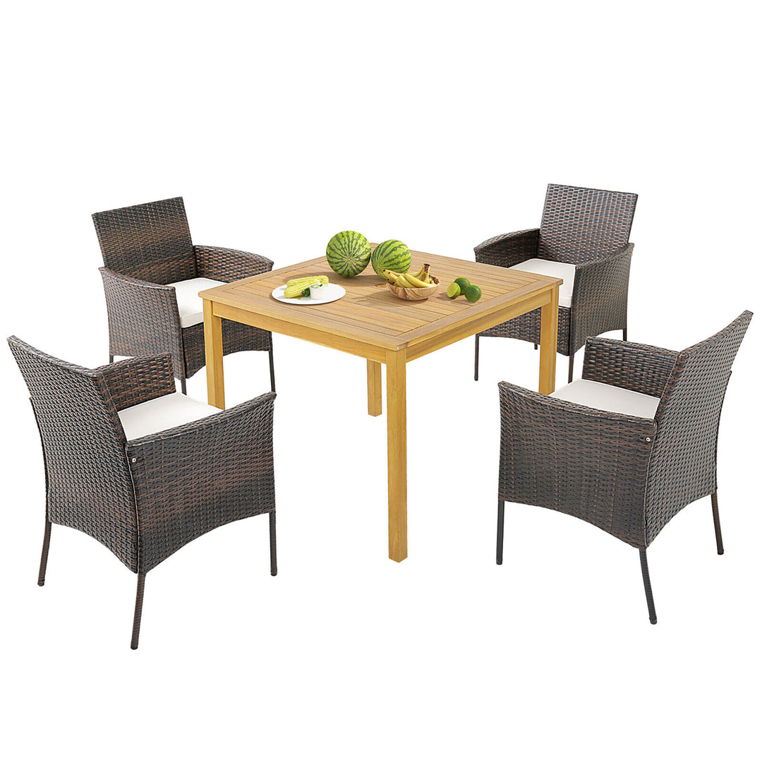 5 PCS Patio Dining Set Acacia Wood Table w/ 1.9 Umbrella Hole Cushioned Chairs Image 1