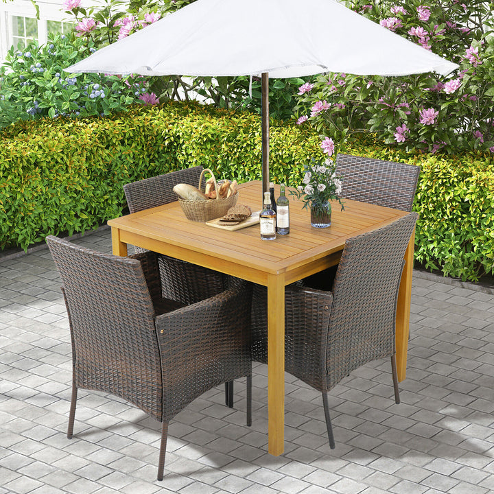 5 PCS Patio Dining Set Acacia Wood Table w/ 1.9 Umbrella Hole Cushioned Chairs Image 2