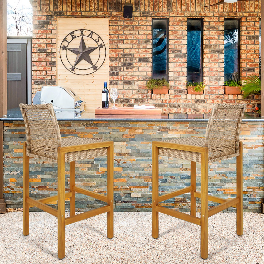 Wicker Bar Stools Set of 4 Patio Chairs w/ Solid Wood Frame and Ergonomic Footrest Light Brown Image 5