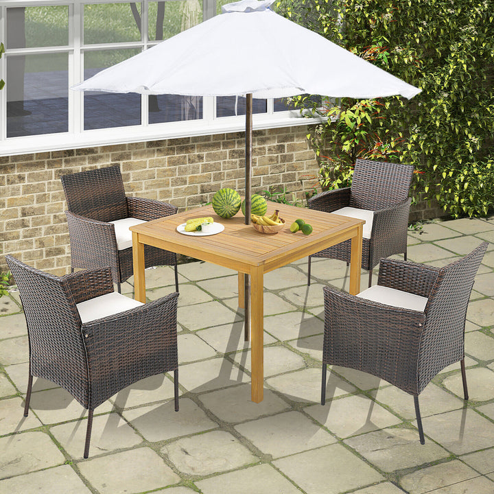 5 PCS Patio Dining Set Acacia Wood Table w/ 1.9 Umbrella Hole Cushioned Chairs Image 4